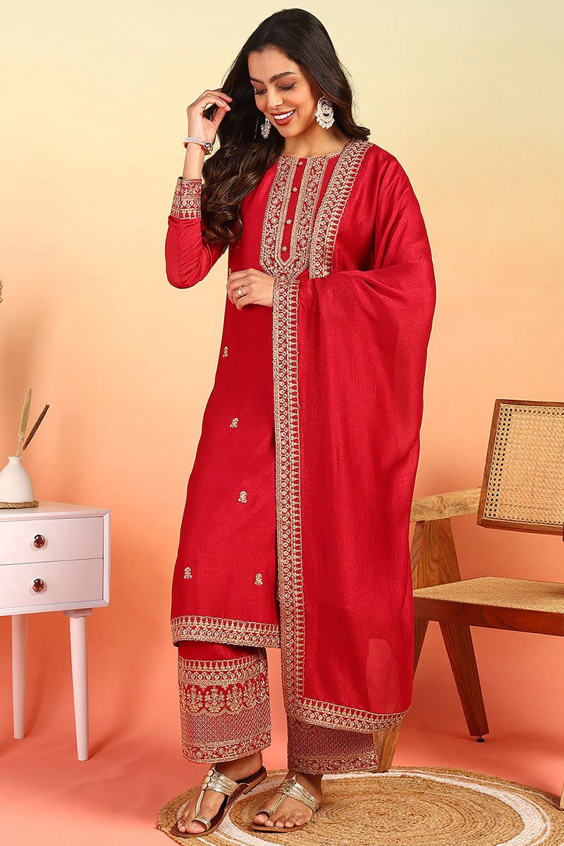 Red Silk Blend Solid Embroidered Straight Palazzo Suit Set PKSKD2399