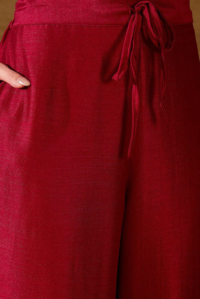 Red Silk Blend Solid Embroidered Straight Palazzo Suit Set PKSKD2399