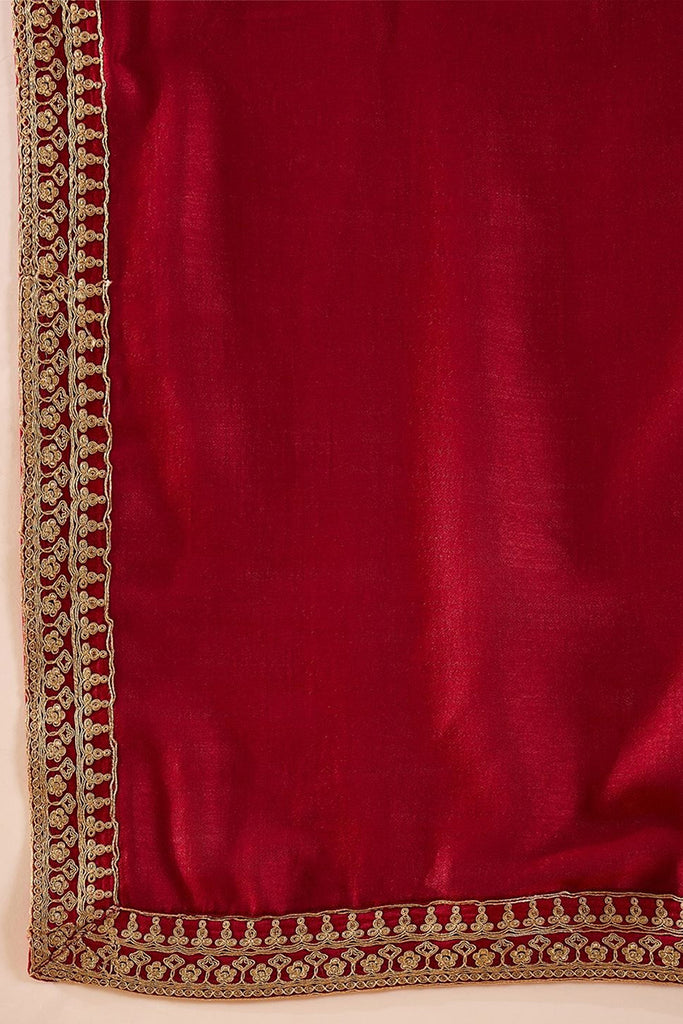 Red Silk Blend Solid Embroidered Straight Palazzo Suit Set PKSKD2399