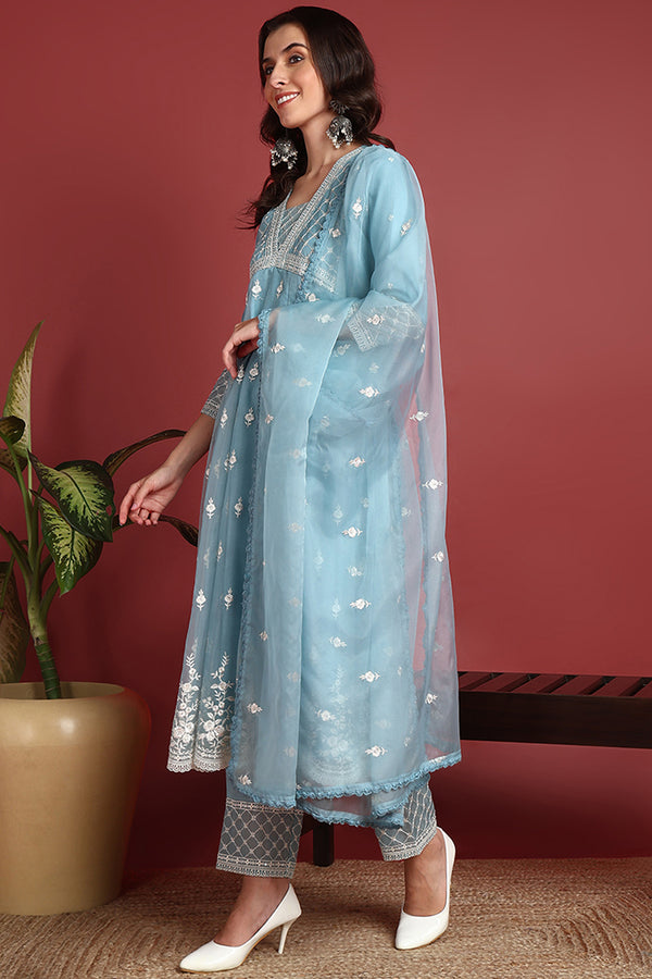 Blue Organza Solid Embroidered Anarkali Suit Set PKSKD2400