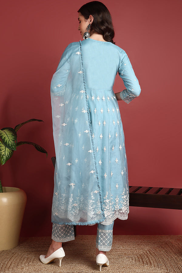 Blue Organza Solid Embroidered Anarkali Suit Set PKSKD2400