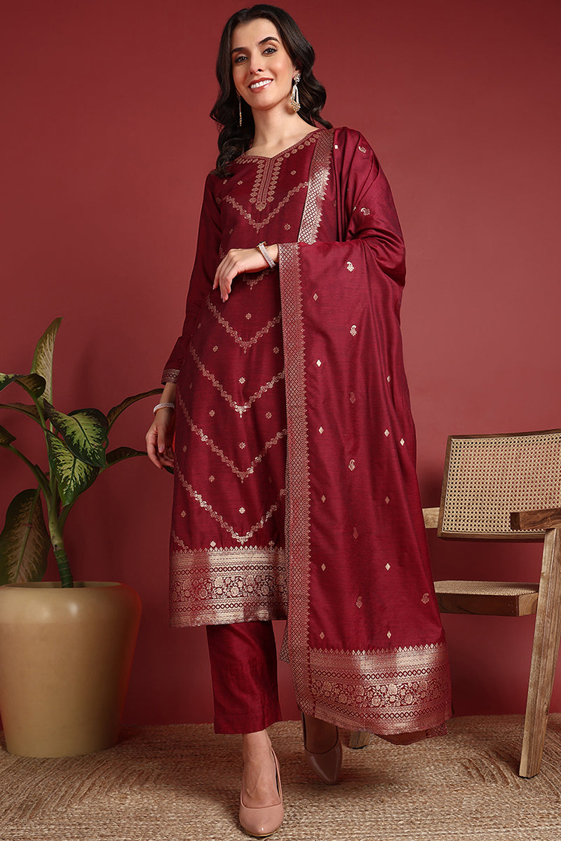 Maroon Silk Blend Ethnic Motifs Woven Design Straight Suit Set PKSKD2401