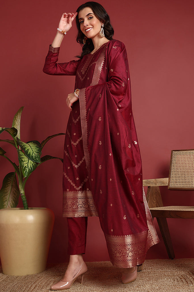 Maroon Silk Blend Ethnic Motifs Woven Design Straight Suit Set PKSKD2401