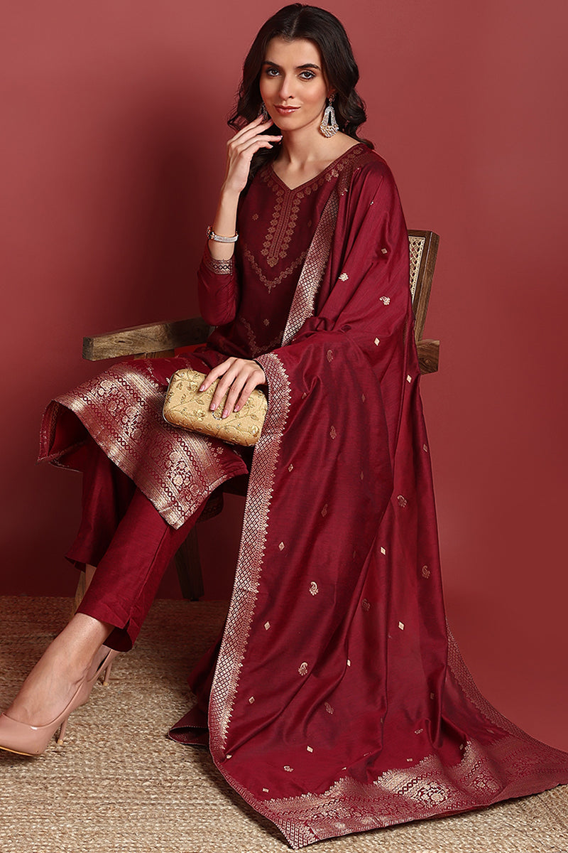 Maroon Silk Blend Ethnic Motifs Woven Design Straight Suit Set PKSKD2401