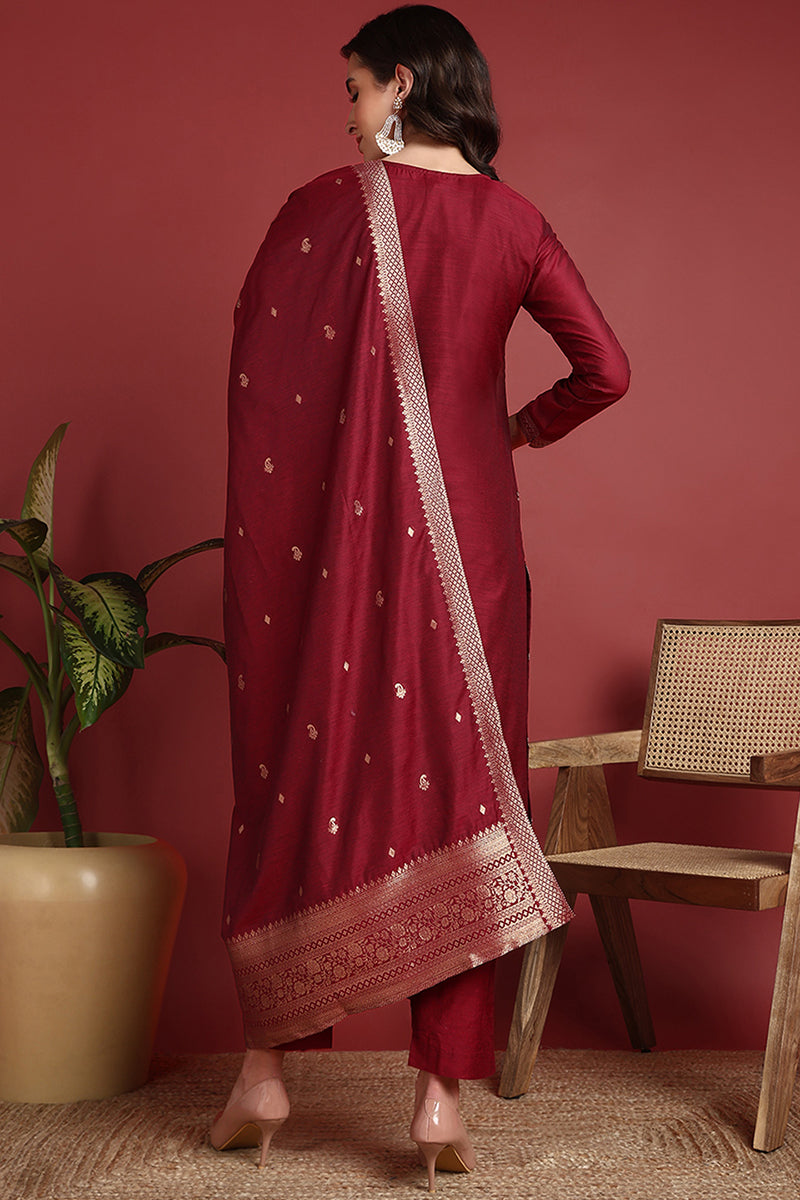 Maroon Silk Blend Ethnic Motifs Woven Design Straight Suit Set PKSKD2401