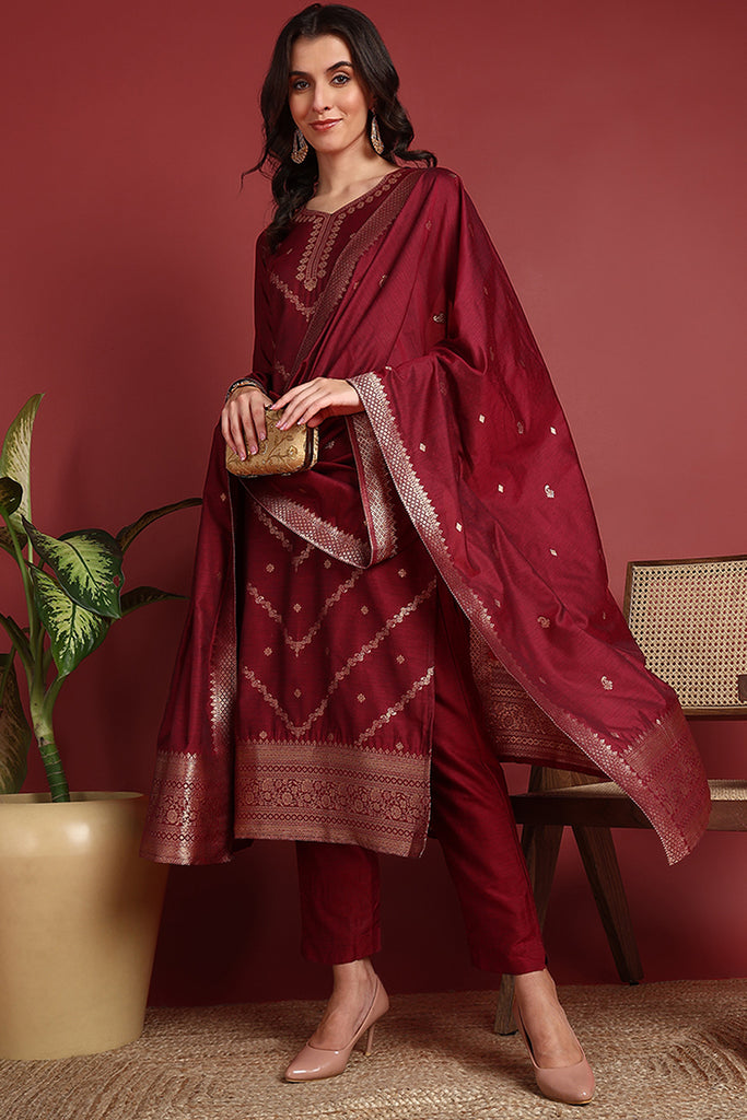 Maroon Silk Blend Ethnic Motifs Woven Design Straight Suit Set PKSKD2401