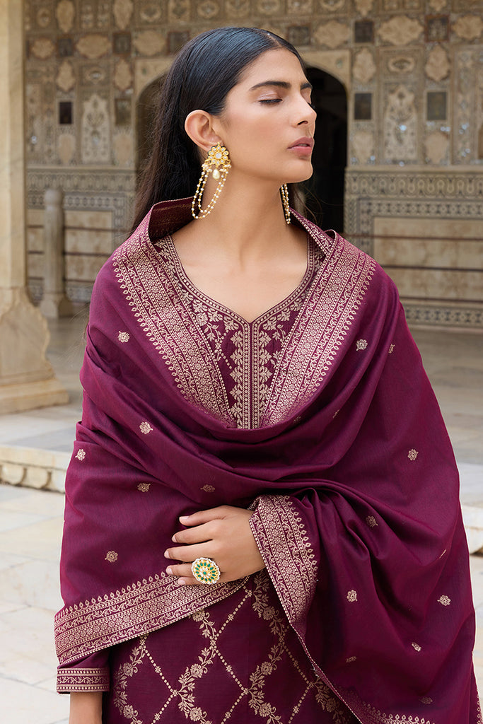 Burgundy Silk Blend Ethnic Motifs Woven Design Straight Suit Set PKSKD2402