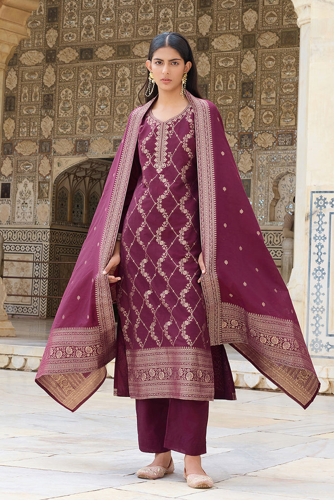 Burgundy Silk Blend Ethnic Motifs Woven Design Straight Suit Set PKSKD2402