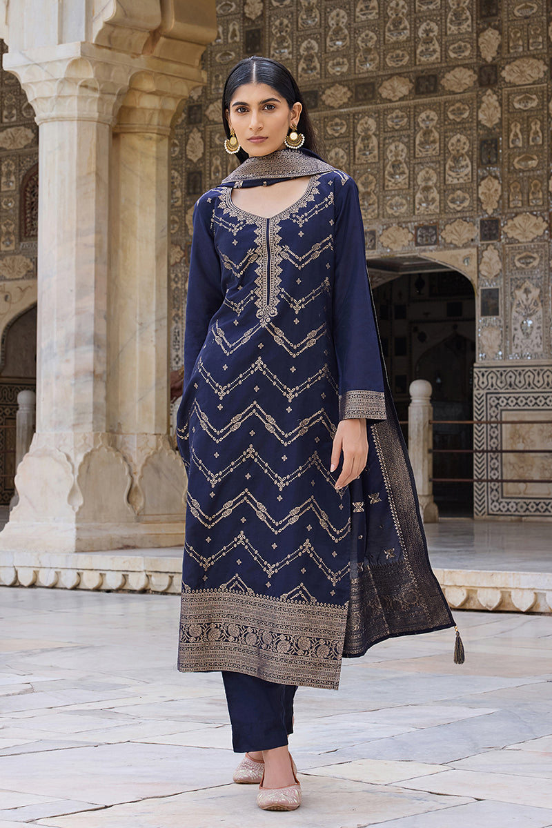 Navy Blue Silk Blend Ethnic Motifs Woven Design Straight Suit Set PKSKD2403