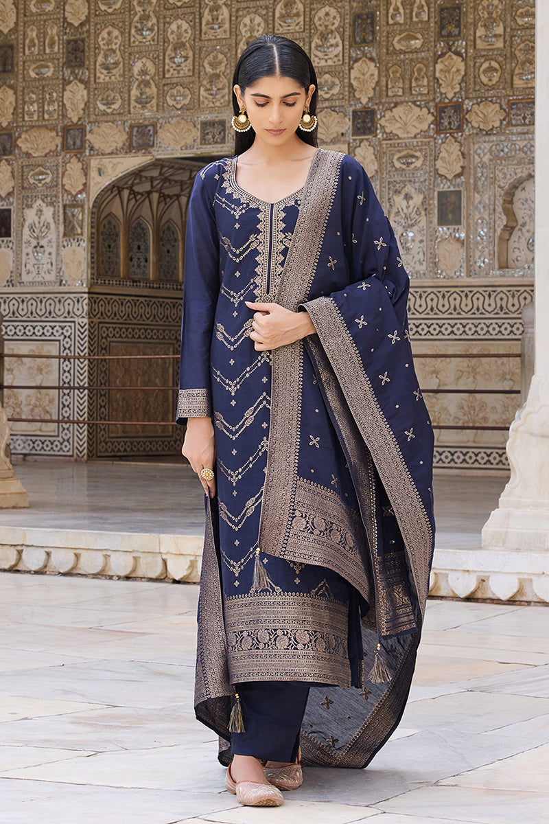 Navy Blue Silk Blend Ethnic Motifs Woven Design Straight Suit Set PKSKD2403