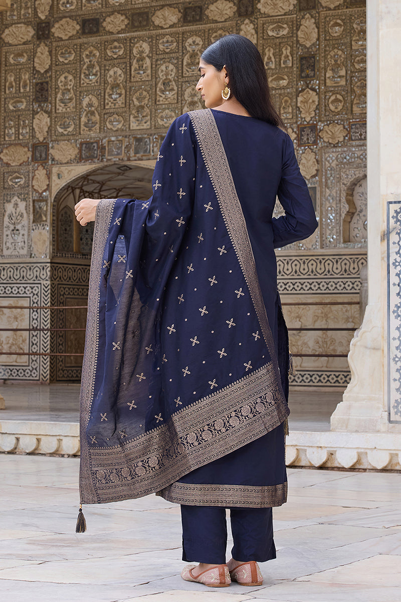 Navy Blue Silk Blend Ethnic Motifs Woven Design Straight Suit Set PKSKD2403