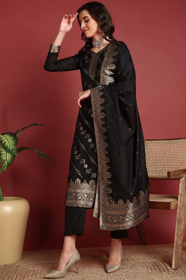 Black Silk Blend Ethnic Motifs Woven Design Straight Suit Set PKSKD2404