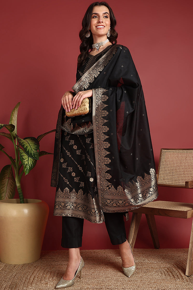 Black Silk Blend Ethnic Motifs Woven Design Straight Suit Set PKSKD2404