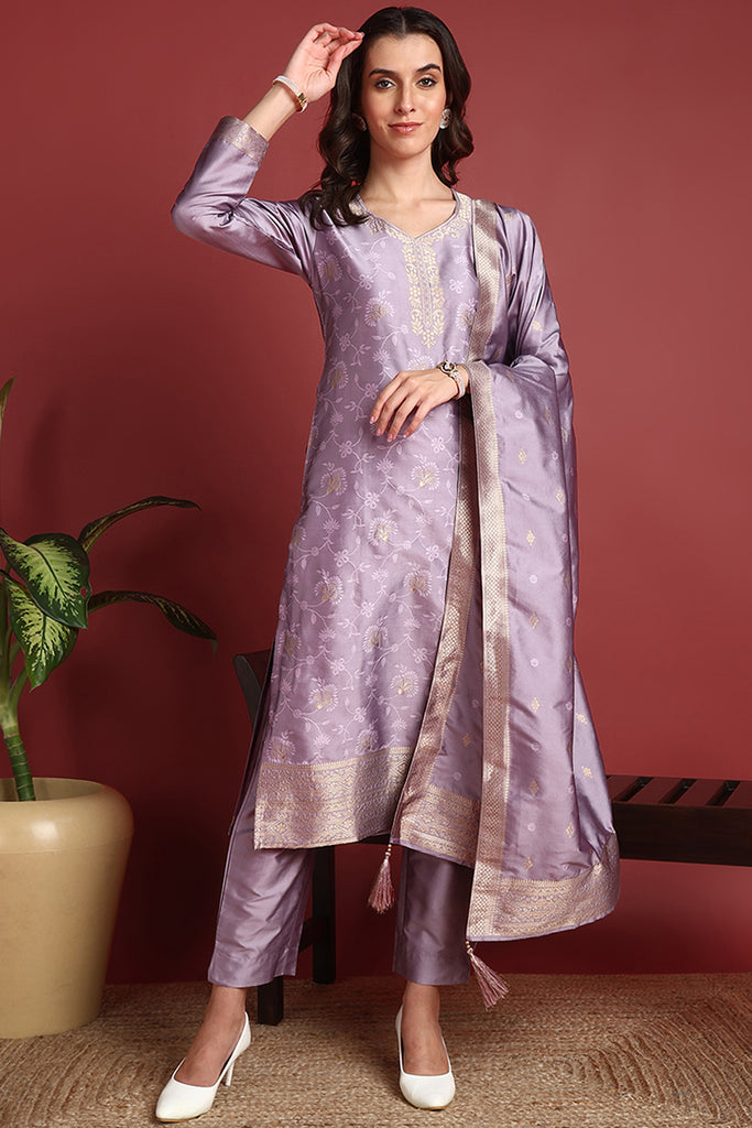 Lavender Silk Blend Ethnic Motifs Woven Design Straight Suit Set PKSKD2405