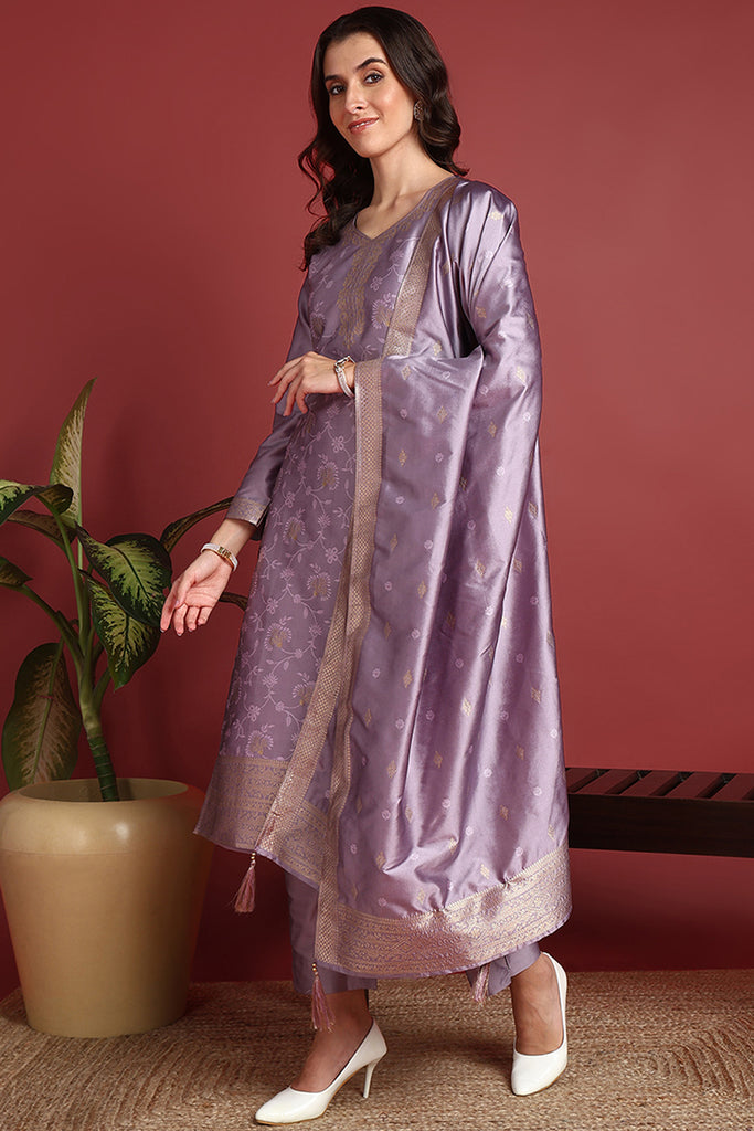 Lavender Silk Blend Ethnic Motifs Woven Design Straight Suit Set PKSKD2405