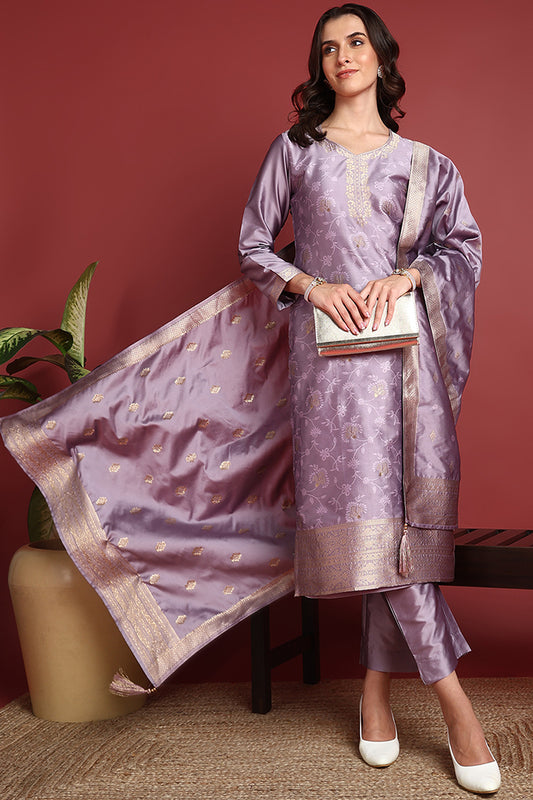 Lavender Silk Blend Ethnic Motifs Woven Design Straight Suit Set PKSKD2405