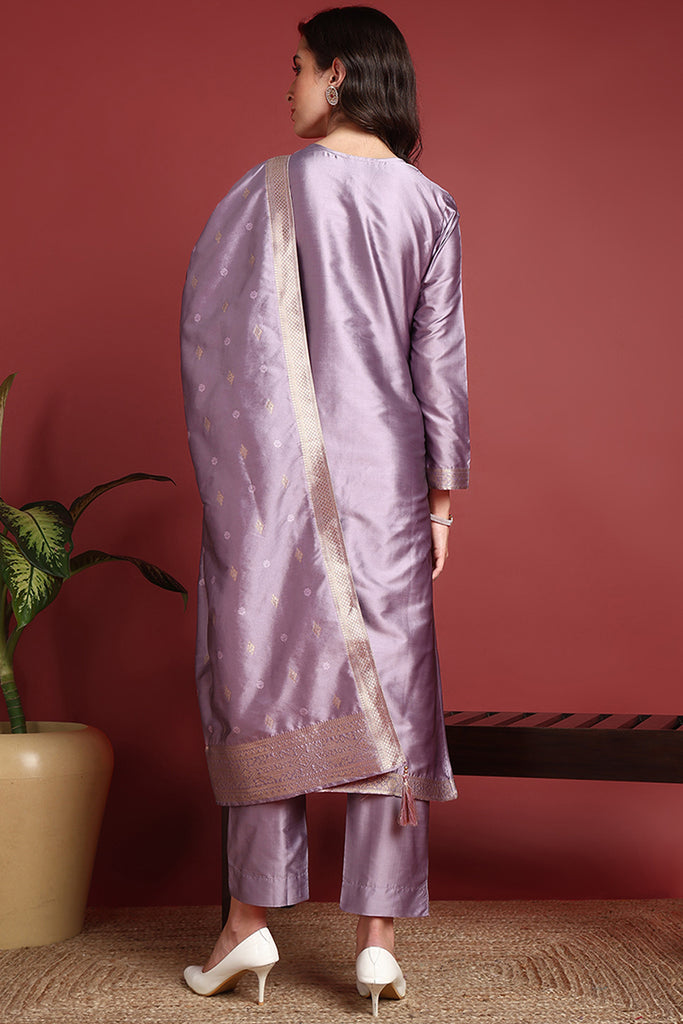 Lavender Silk Blend Ethnic Motifs Woven Design Straight Suit Set PKSKD2405