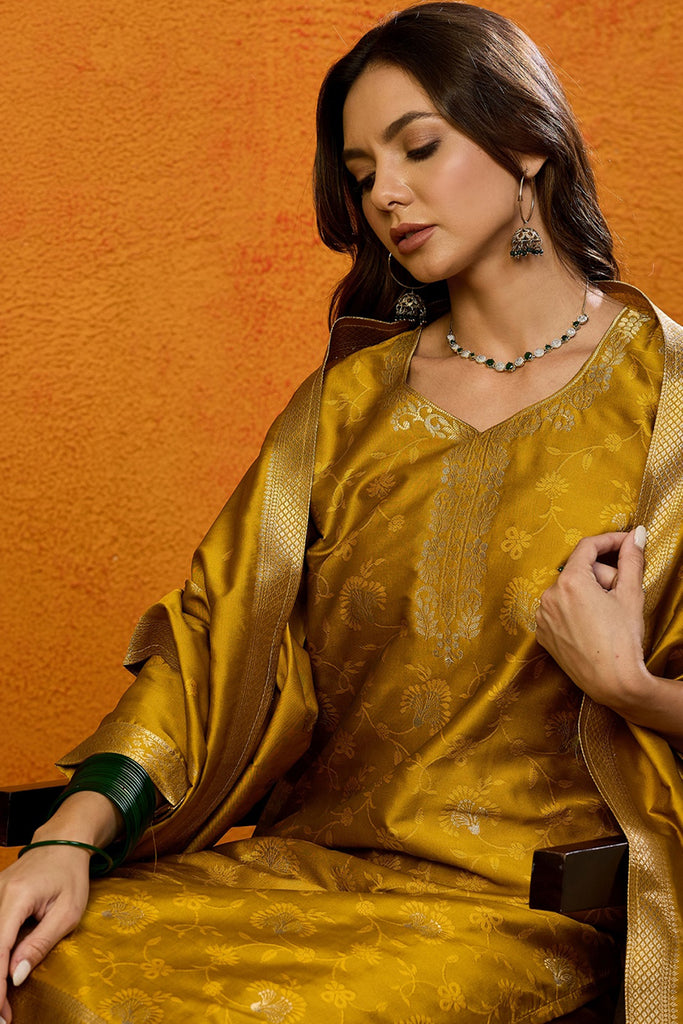 Mustard Silk Blend Ethnic Motifs Woven Design Straight Suit Set PKSKD2406