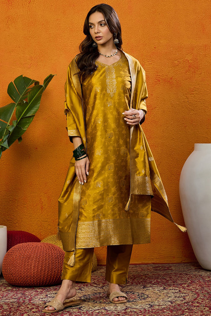 Mustard Silk Blend Ethnic Motifs Woven Design Straight Suit Set PKSKD2406