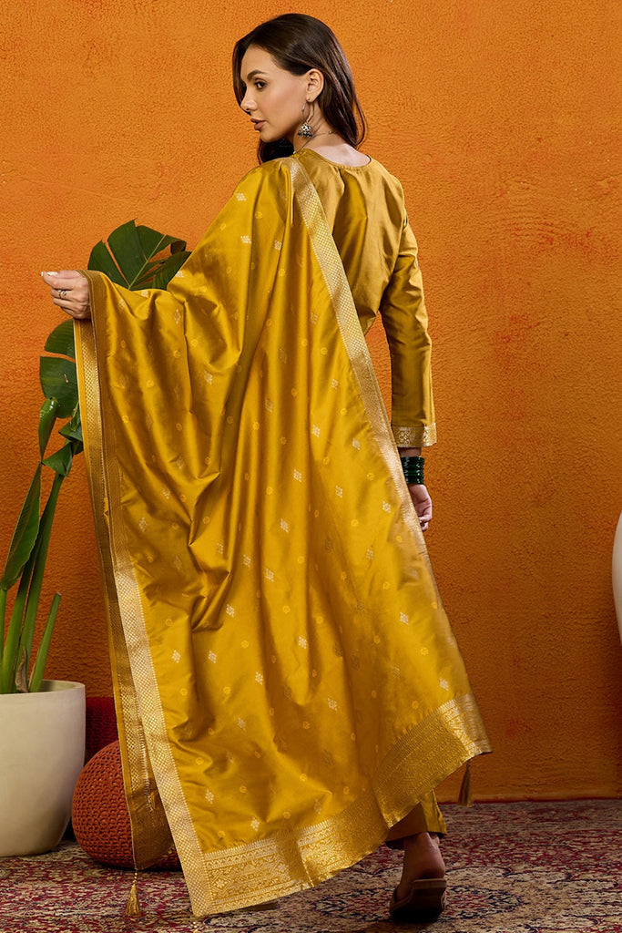 Mustard Silk Blend Ethnic Motifs Woven Design Straight Suit Set PKSKD2406