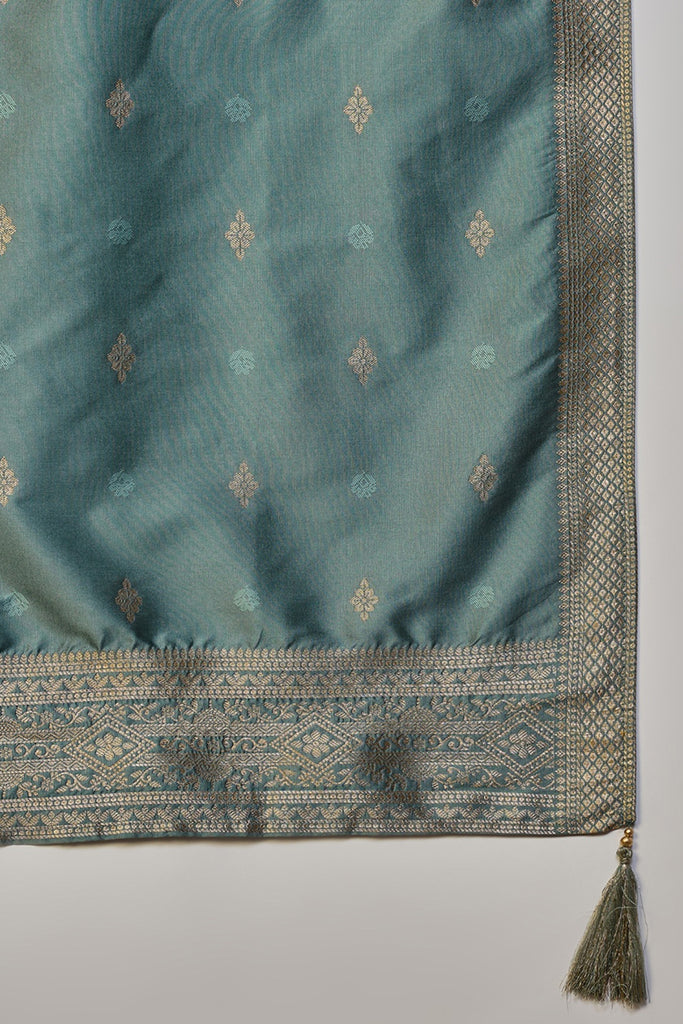 Teal Silk Blend Ethnic Motifs Woven Design Straight Suit Set PKSKD2407