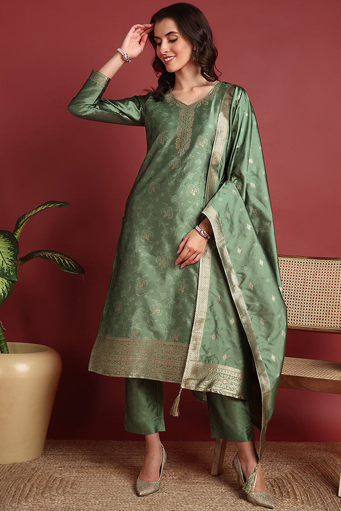 Green Silk Blend Ethnic Motifs Woven Design Straight Suit Set PKSKD2408