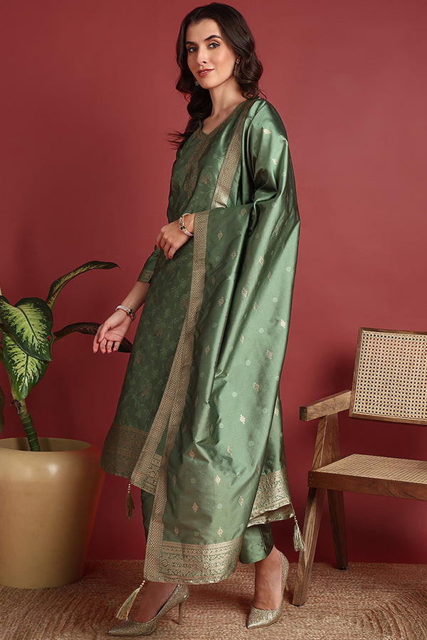 Green Silk Blend Ethnic Motifs Woven Design Straight Suit Set PKSKD2408