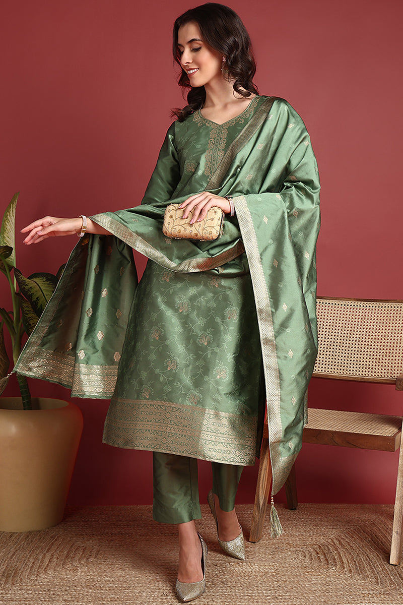 Green Silk Blend Ethnic Motifs Woven Design Straight Suit Set PKSKD2408