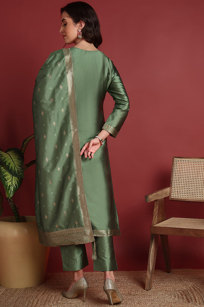 Green Silk Blend Ethnic Motifs Woven Design Straight Suit Set PKSKD2408