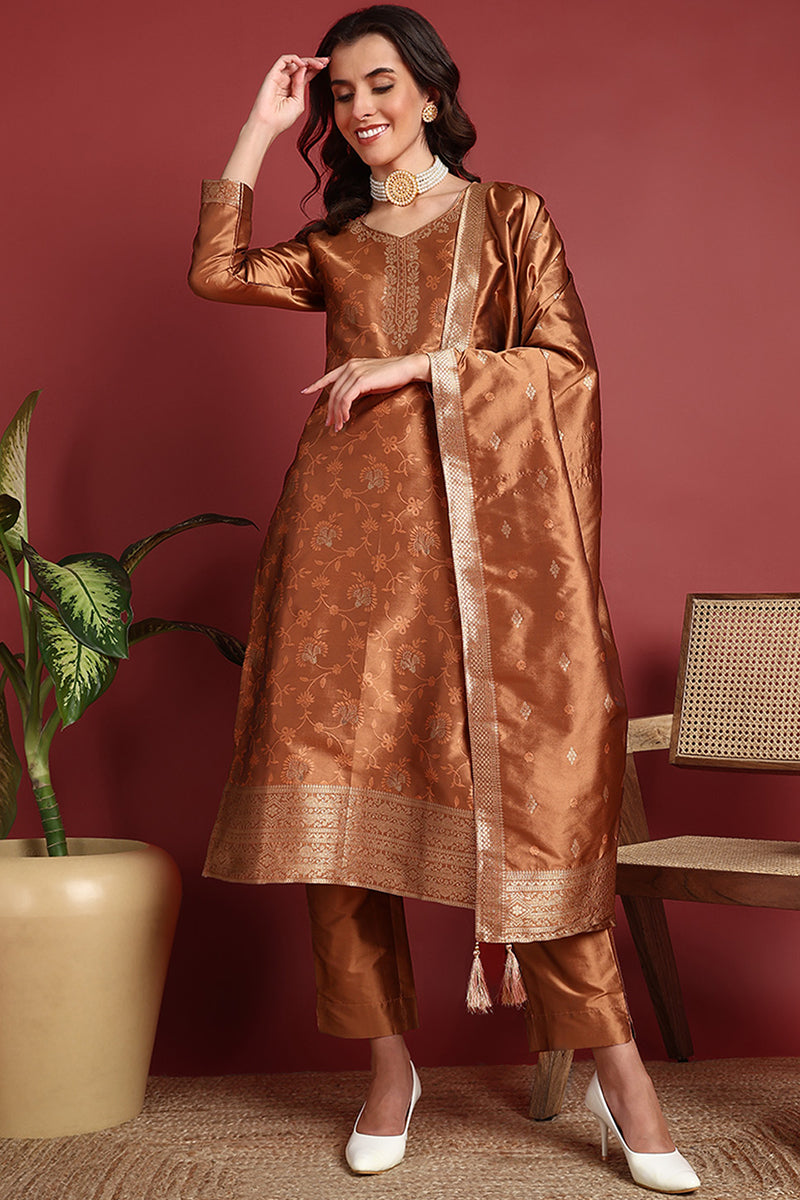 Brown Silk Blend Ethnic Motifs Woven Design Straight Suit Set PKSKD2409