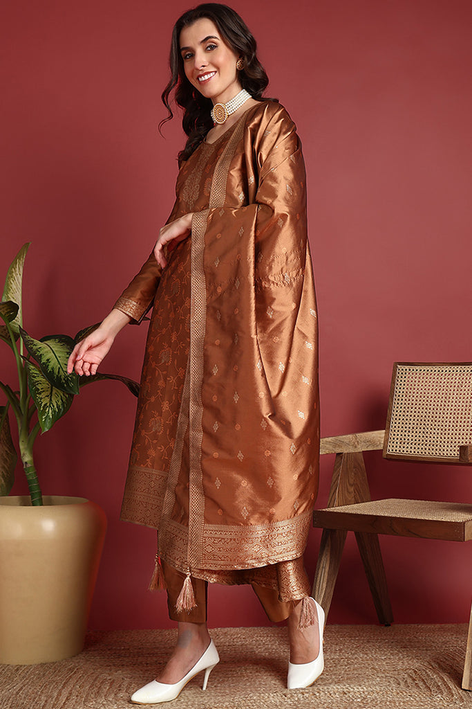 Brown Silk Blend Ethnic Motifs Woven Design Straight Suit Set PKSKD2409