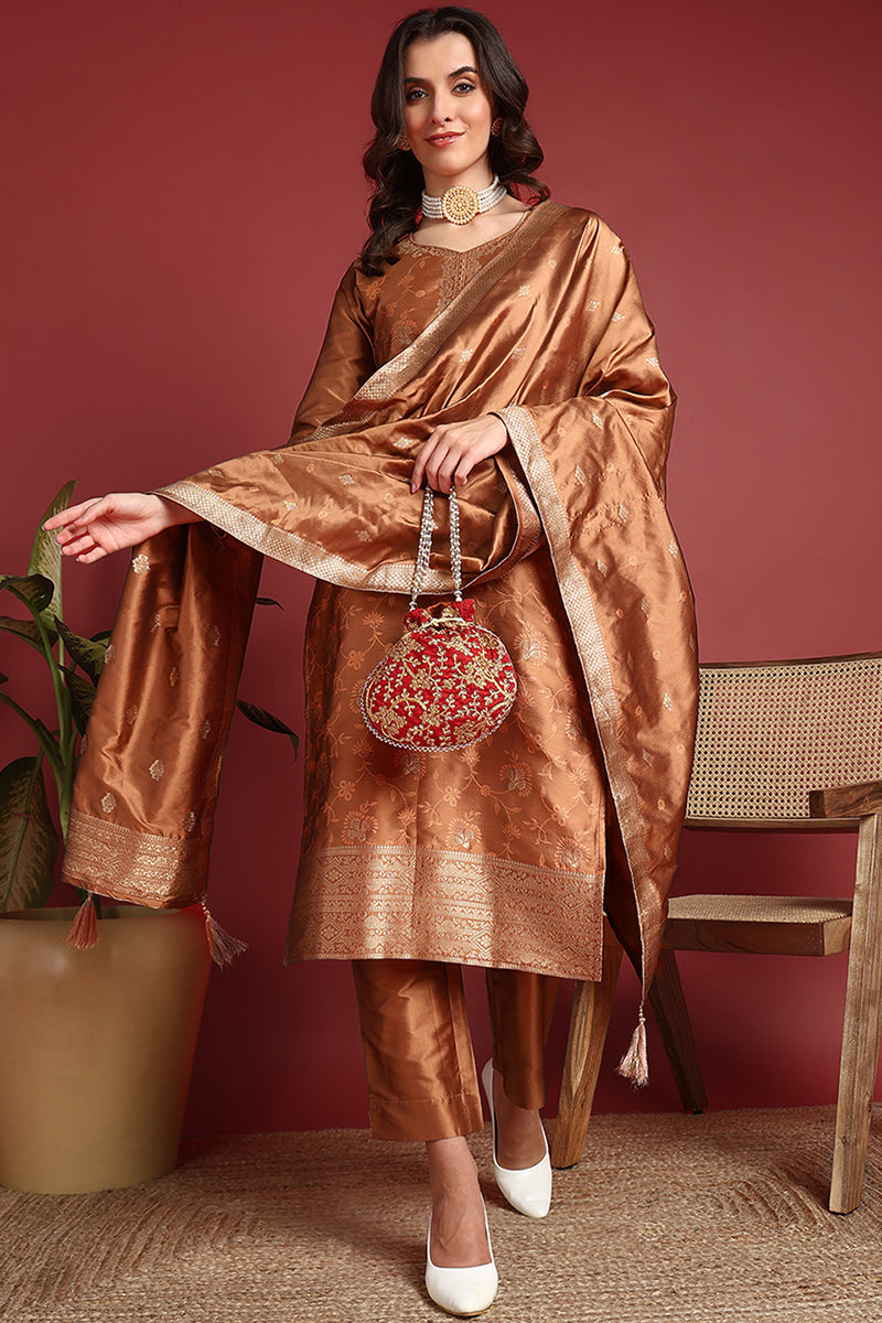 Brown Silk Blend Ethnic Motifs Woven Design Straight Suit Set PKSKD2409