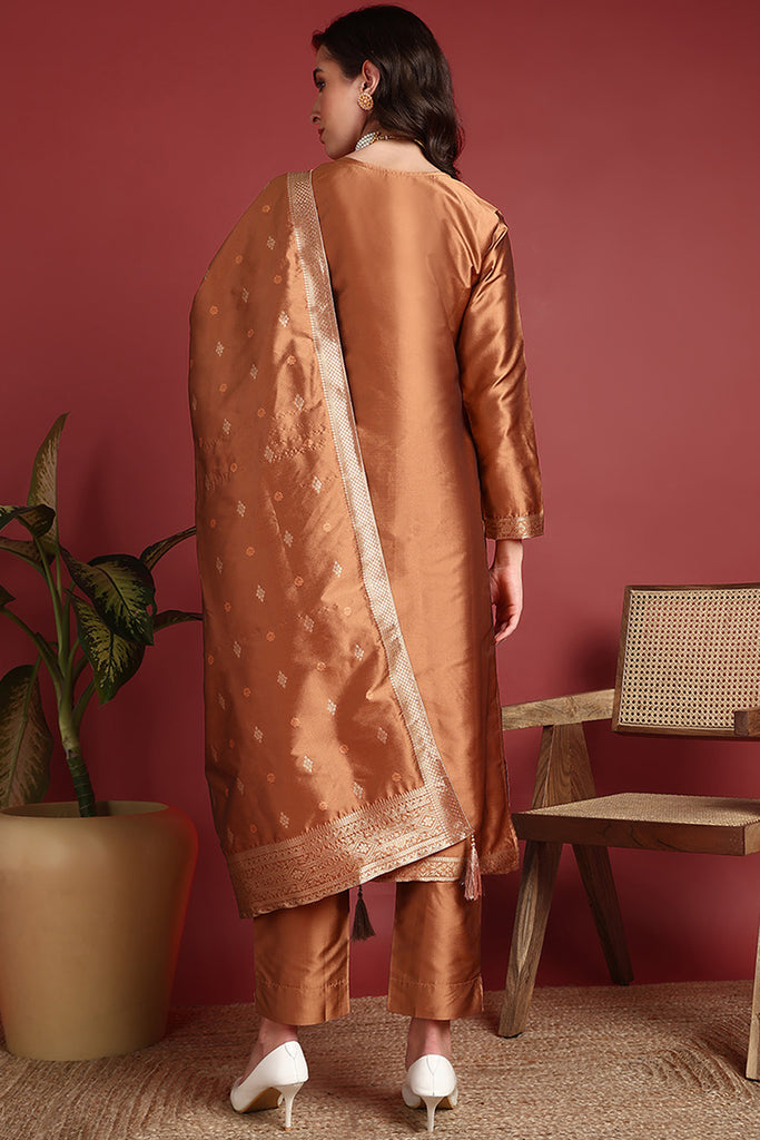 Brown Silk Blend Ethnic Motifs Woven Design Straight Suit Set PKSKD2409