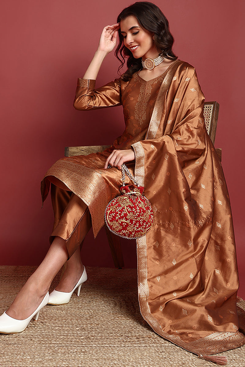 Brown Silk Blend Ethnic Motifs Woven Design Straight Suit Set PKSKD2409