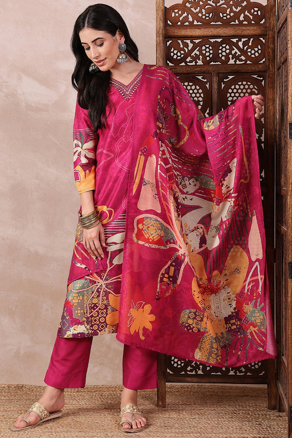 Pink Rayon Blend Floral Printed Straight Trouser Bottom Suit Set PKSKD2414