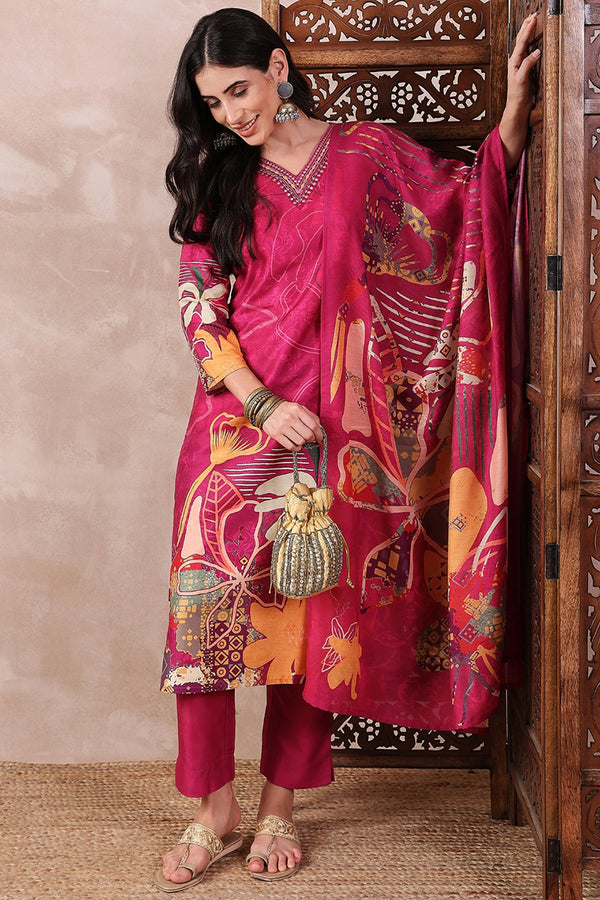 Pink Rayon Blend Floral Printed Straight Trouser Bottom Suit Set PKSKD2414