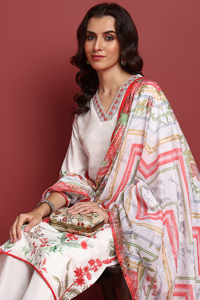 White Rayon Blend Floral Printed Straight Suit Set PKSKD2415