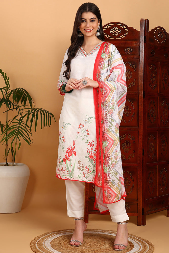 White Rayon Blend Floral Printed Straight Suit Set PKSKD2415