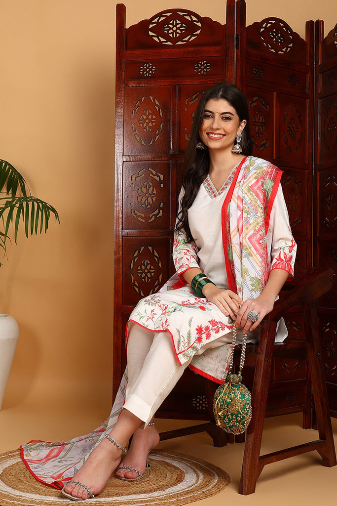 White Rayon Blend Floral Printed Straight Suit Set PKSKD2415