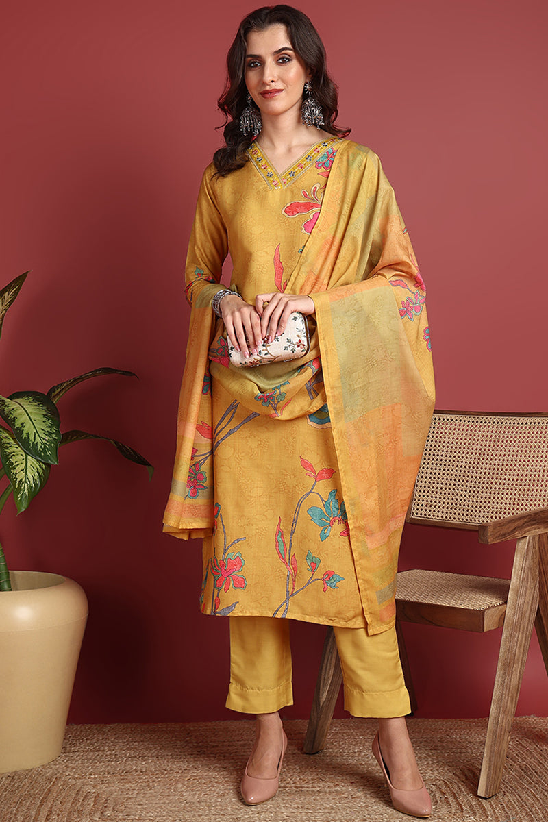 Mustard Yellow Silk Blend Floral Printed Straight Suit Set PKSKD2416