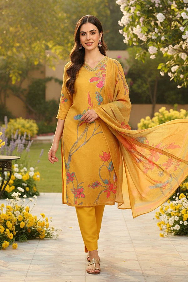 Mustard Yellow Rayon Blend Floral Printed Straight Trouser Suit Set PKSKD2416