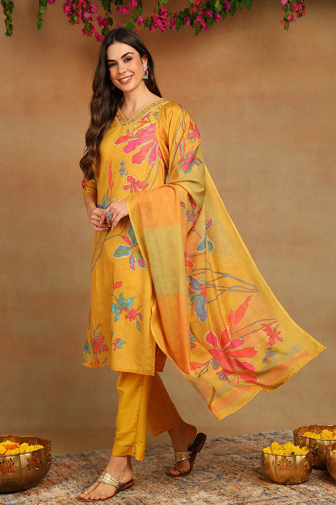 Mustard Yellow Rayon Blend Floral Printed Straight Suit Set PKSKD2416