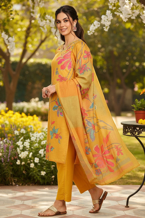 Mustard Yellow Rayon Blend Floral Printed Straight Trouser Suit Set PKSKD2416