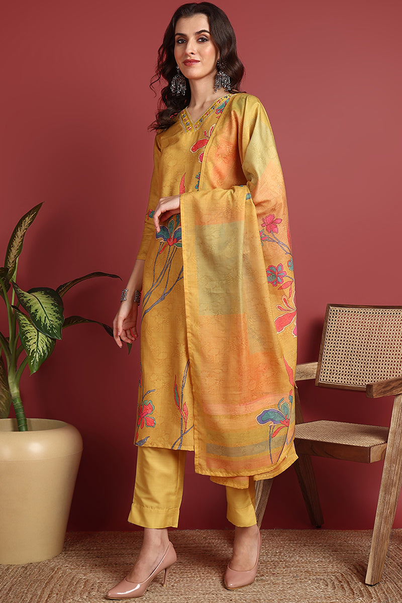 Mustard Yellow Silk Blend Floral Printed Straight Suit Set PKSKD2416