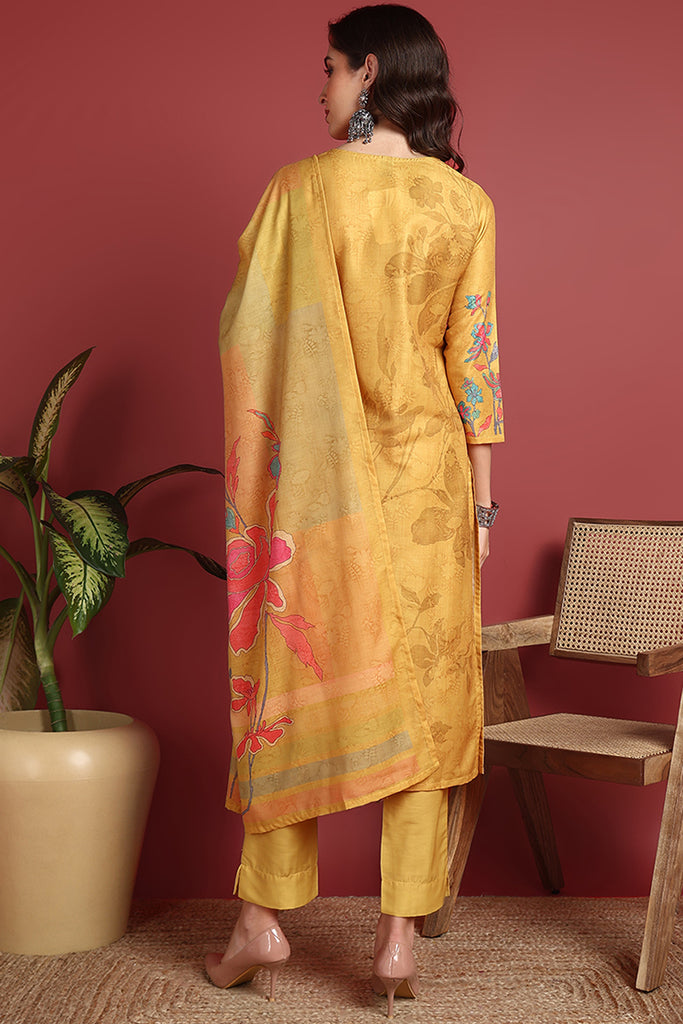 Mustard Yellow Silk Blend Floral Printed Straight Suit Set PKSKD2416