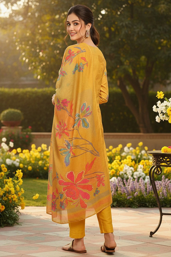 Mustard Yellow Rayon Blend Floral Printed Straight Trouser Suit Set PKSKD2416