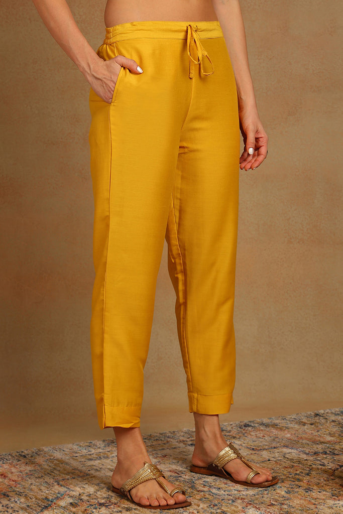 Mustard Yellow Rayon Blend Floral Printed Straight Trouser Suit Set PKSKD2416