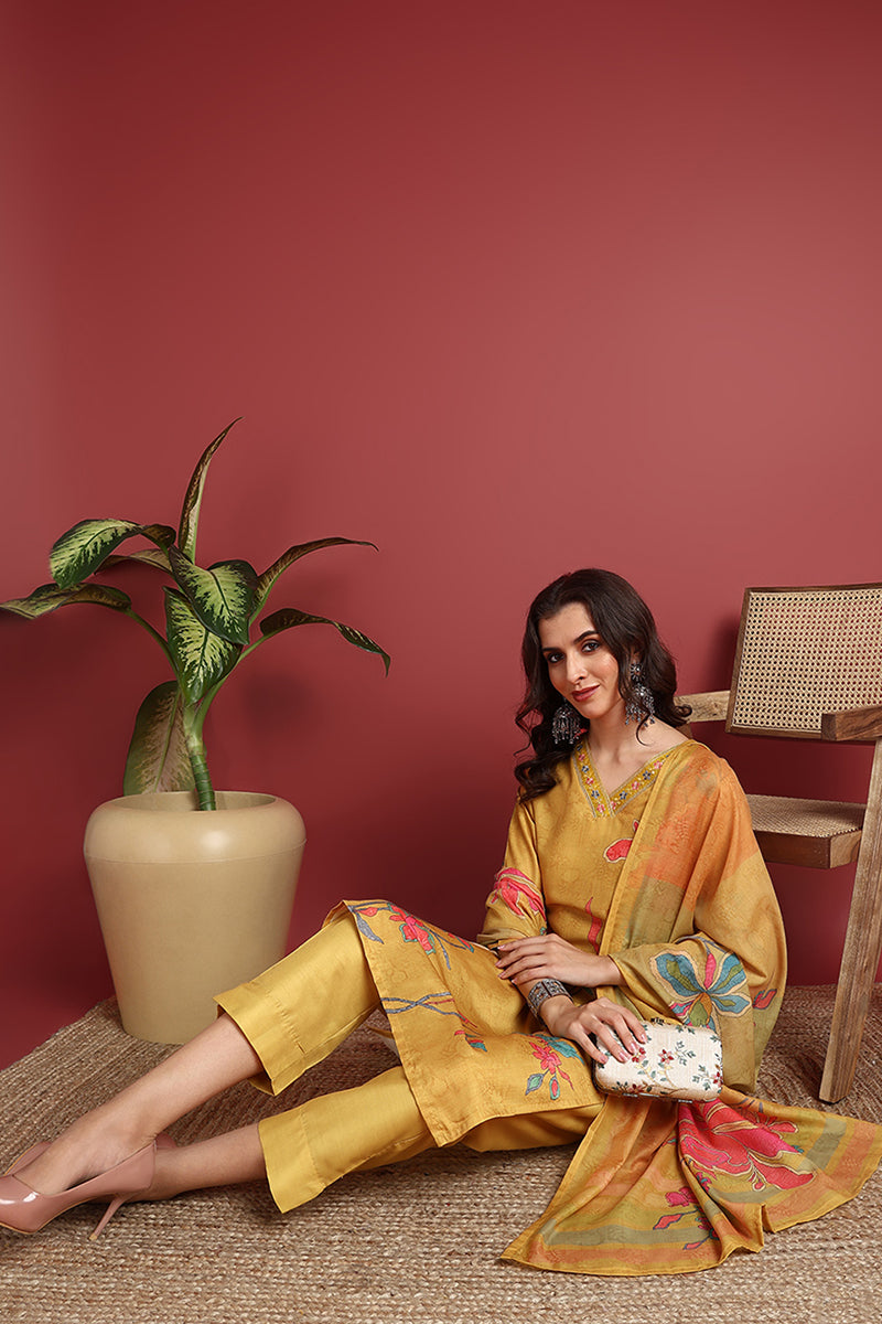 Mustard Yellow Silk Blend Floral Printed Straight Suit Set PKSKD2416