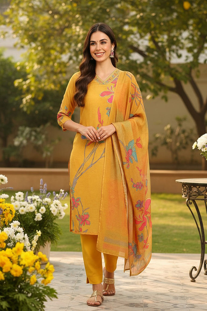 Mustard Yellow Rayon Blend Floral Printed Straight Trouser Suit Set PKSKD2416