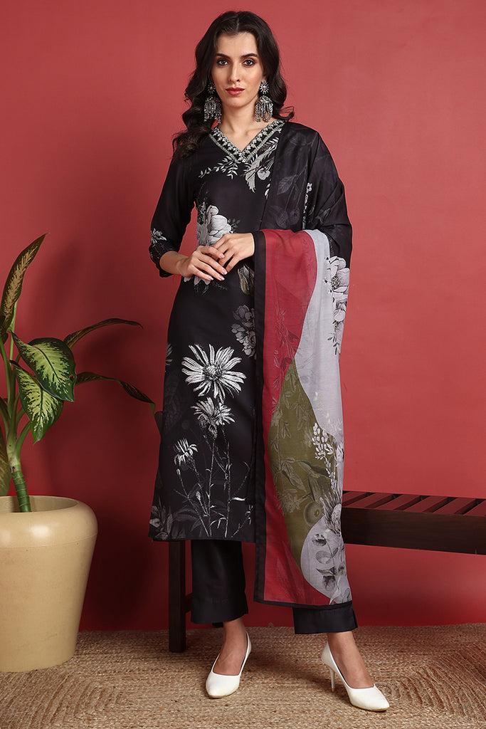 Black Silk Blend Floral Printed Straight Suit Set PKSKD2417